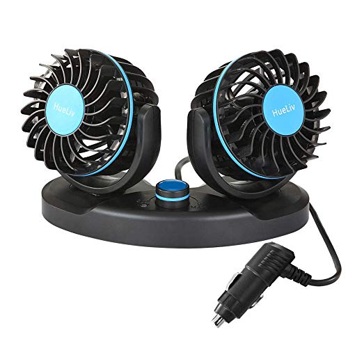 HueLiv Car Fan 12V, Electric Car Cooling Fan with 360 Degree Adjustable Dual Head That Plugs into Cigarette Lighter/Low Noise Automobile Vehicle Fan for Car Truck Van SUV RV Boat