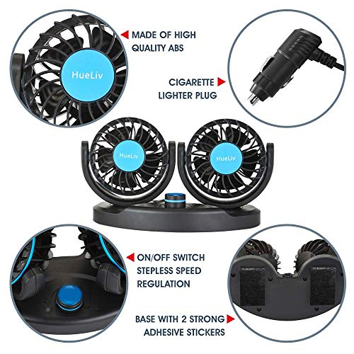 HueLiv Car Fan 12V, Electric Car Cooling Fan with 360 Degree Adjustable Dual Head That Plugs into Cigarette Lighter/Low Noise Automobile Vehicle Fan for Car Truck Van SUV RV Boat