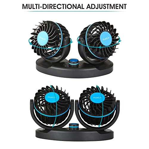 HueLiv Car Fan 12V, Electric Car Cooling Fan with 360 Degree Adjustable Dual Head That Plugs into Cigarette Lighter/Low Noise Automobile Vehicle Fan for Car Truck Van SUV RV Boat