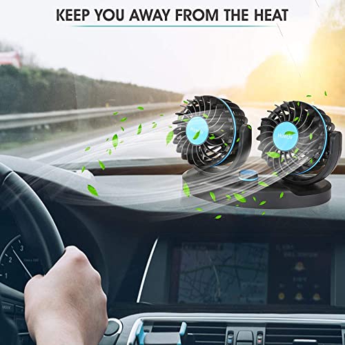 HueLiv Car Fan 12V, Electric Car Cooling Fan with 360 Degree Adjustable Dual Head That Plugs into Cigarette Lighter/Low Noise Automobile Vehicle Fan for Car Truck Van SUV RV Boat