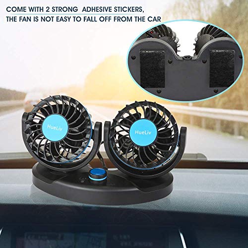 HueLiv Car Fan 12V, Electric Car Cooling Fan with 360 Degree Adjustable Dual Head That Plugs into Cigarette Lighter/Low Noise Automobile Vehicle Fan for Car Truck Van SUV RV Boat