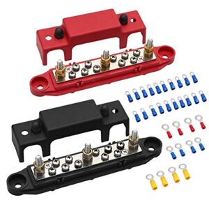 mofeez bus bar -3×1/4”post,10x#8 screw terminal power distribution block with ring terminals(pair – red & black)