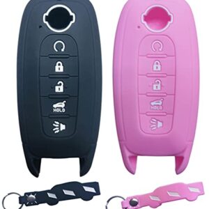 RUNZUIE 2Pcs Silicone Remote Smart Key Fob Compatible with 2024 2023 Nissan Rogue Pathfinder Key Fob Cover 5 Button (Black/Pink)