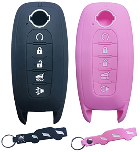 RUNZUIE 2Pcs Silicone Remote Smart Key Fob Compatible with 2024 2023 Nissan Rogue Pathfinder Key Fob Cover 5 Button (Black/Pink)