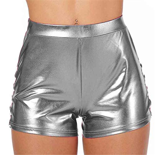 Andongnywell Women's Shiny Metallic Booty Shorts Hot Pants Dance Bottoms Patent Leather Short Trousers (Gray,X-Large)