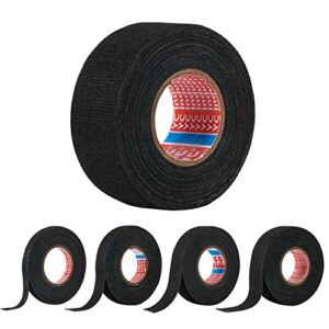 hstech 5 rolls wire loom harness cloth tape, speaker wiring harness cloth tape, black adhesive fabric tape, for automobile electrical wire harnessing noise dampening heat proof(width 0.35in to 1.25in)