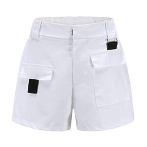 andongnywell women’s solid casual pant khaki high waist big pocket shorts mini pants short trousers (white,large)