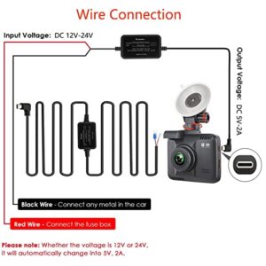 Converts 12V-24V to 5V/2A USB-C Hard Wire Kit for T130 Dash Cam, Low Voltage Protection Dash cam hardwire kit USB c Compatible for VIOFO HK4, AUTO-VOX V5 Apeman C880 goPro