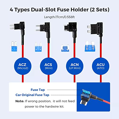 Dash Cam Hardwire Kit 3-Lead Acc Mini USB Hard Wire Kit Fuse for Dashcam Will 12V-24V to 5V/3A Car Dash Camera Charger Power Cord， Gift 4 Fuse Tap Cable （11.5ft）