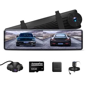 amazefan nt880 mirror dash cam front 2k，12” touch screen dual dash camera, driving recorder wifi,170° wide angle night vision loop recording, gps tracker, free 64gb card, car charger