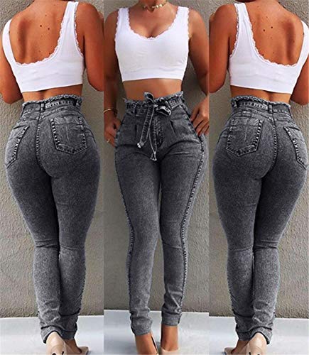 Andongnywell Women's Elastic Belted High Waist Casual Bow tie Jeans Long Pants with Pocket Trousers (Gray,X-Large)