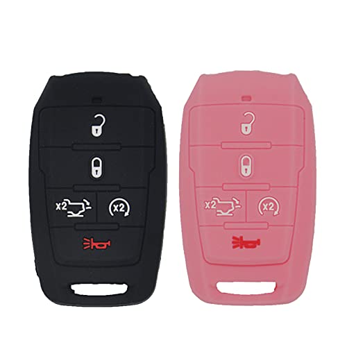 LemSa 2 Pack Keyless Entry Remote Car Smart Key Fob Outer Shell Cover Soft Rubber Protective Case for 2021 2020 2019 Dodge Ram 1500 68291690, Black Pink