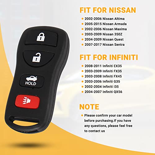 Car Key Fob Keyless Entry Remote Compatible with Nissan Altima/Armada/Maxima/350Z/Quest/Sentra/Infiniti EX35/FX35/ FX45/ G35/I35/QX56 2002-2017 KBRASTU15 4 Button Replacement Key-2 Packs