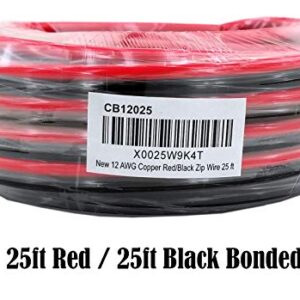 GS Power 12 AWG (American Wire Gauge) Flexible OFC Zip Cord Speaker Cable for Car Stereo Amplifier Remote Automotive Trailer Harness Hookup Wiring | 25 ft Red & 25' Black Bonded – Pure Copper