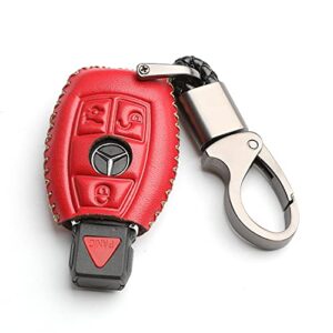 WFMJ Leather for Mercedes Benz C E M S CLS CLK GLK GLC G Class Remote 3 4 Buttons Key Fob Case Cover Keychain Chain (Red)