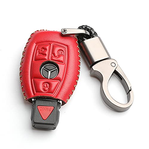 WFMJ Leather for Mercedes Benz C E M S CLS CLK GLK GLC G Class Remote 3 4 Buttons Key Fob Case Cover Keychain Chain (Red)