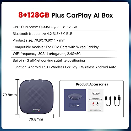 2023 Carlinkit Ai Box Max Android 12, 3 -in -1 for OEM Cable Upgrade CarPlay Android Auto Wireless, 8 core 8+128GB, Built -in GPS Video Music Supports Google Play