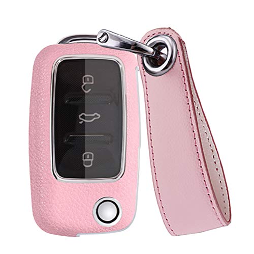 SANRILY Flip Key Fob Cover for Volkswagen Jetta Passat Golf Beetle GTI Polo for Touran Keyless Remote Key Case ABS Plastic Leather Key Protective Shell with Keychain Pink