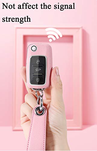 SANRILY Flip Key Fob Cover for Volkswagen Jetta Passat Golf Beetle GTI Polo for Touran Keyless Remote Key Case ABS Plastic Leather Key Protective Shell with Keychain Pink