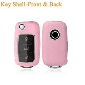 SANRILY Flip Key Fob Cover for Volkswagen Jetta Passat Golf Beetle GTI Polo for Touran Keyless Remote Key Case ABS Plastic Leather Key Protective Shell with Keychain Pink