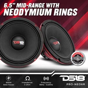 DS18 PRO-NEO6R - 6.5" Neodymium Midrange Loudspeaker, Red Aluminum Basket, 600 Watts Max, 4-Ohms, Neodymium Rings Magnet - The Best Neodymium Full Range Loudspeaker for Your Car (1 Speaker)