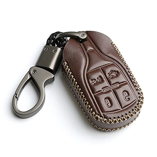 WFMJ Leather for Maserati Levante GT Quattroporte Ghibli Remote Smart 4 Buttons Key Case Fob Cover Chain (Brown)