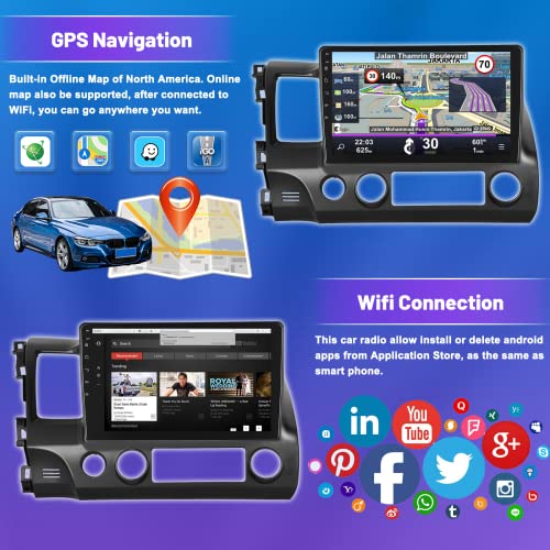 Hikity Android Car Stereo for 2006-2011 Honda Civic Radio, 10.1 Inch Touch Screen Car Stereo with Bluetooth GPS Navigation WiFi FM USB Mirror Link Steering Wheel Control + Backup Camera + Microphone