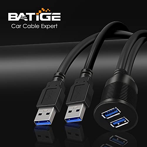 BATIGE 2 Ports Dual USB 3.0 Male to USB 3.0 Female AUX Flush Mount Car Mount Extension Cable for Car Truck Boat Motorcycle Dashboard Panel -3ft