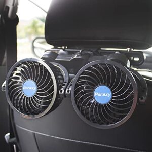 poraxy car fan, 12v electric auto cooling fan for backseat, headrest 360 degree rotatable dual head stepless speed rear seat air fan for sedan suv rv boat