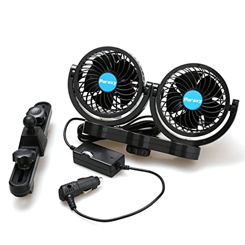 Poraxy Car Fan, 12V Electric Auto Cooling Fan for Backseat, Headrest 360 Degree Rotatable Dual Head Stepless Speed Rear Seat Air Fan for Sedan SUV RV Boat