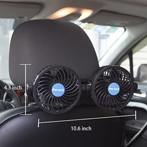 Poraxy Car Fan, 12V Electric Auto Cooling Fan for Backseat, Headrest 360 Degree Rotatable Dual Head Stepless Speed Rear Seat Air Fan for Sedan SUV RV Boat