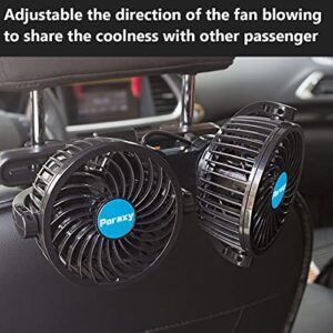 Poraxy Car Fan, 12V Electric Auto Cooling Fan for Backseat, Headrest 360 Degree Rotatable Dual Head Stepless Speed Rear Seat Air Fan for Sedan SUV RV Boat