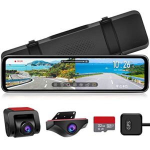 urvolax mirror dash cam 11” backup camera,rear view mirror camera with detached front and rear cam for car,anti glare full hd split screen 1296p,night vision,parking assist,gps,sd card