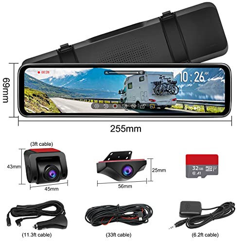 URVOLAX Mirror Dash Cam 11'' Backup Camera,Rear View Mirror Camera with Detached Front and Rear Cam for Car,Anti Glare Full HD Split Screen 1296P,Night Vision,Parking Assist,GPS,SD Card