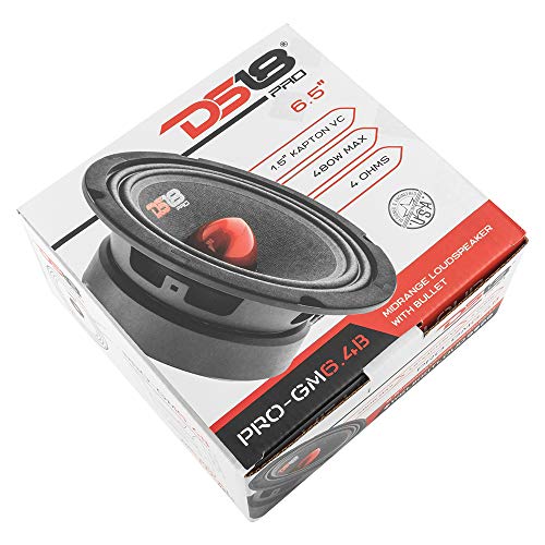 DS18 PRO-GM6.4B Loudspeaker - 6.5", Midrange, Red Aluminum Bullet, 480W Max, 4 Ohms,1.5" Kapton VC Premium Quality Audio Door Speakers for Car or Truck Stereo Sound System (1 Speaker)