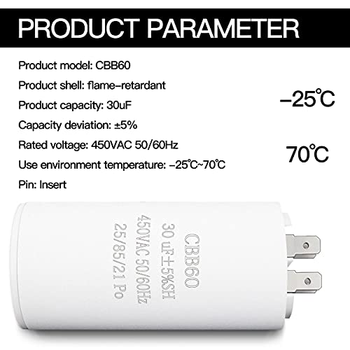 30UF CBB60 Motor Run Capacitor, 450VAC 50/60HZ Cylindrical Capacitor for Motor Run, Washing Machines, Air Conditioners and Water Pumps