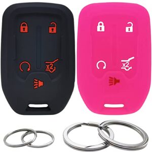 2pcs silicone 5 buttons key fob cover remote case keyless protector compatible with chevrolet chevy silverado suburban tahoe gmc acadia sierra terrain yukon hyq1aa 13584502 1551a-aa (black & hot pink)