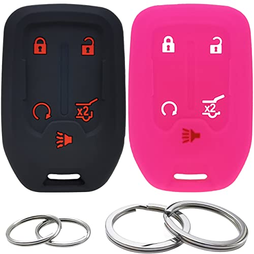 2Pcs Silicone 5 Buttons Key Fob Cover Remote Case Keyless Protector Compatible with Chevrolet Chevy Silverado Suburban Tahoe GMC Acadia Sierra Terrain Yukon HYQ1AA 13584502 1551A-AA (Black & Hot Pink)