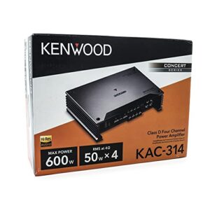 kenwood kac-314-4-channel concert series car stereo amplifier with 50w x 4 @ 4ohms, 75w x 4 @ 2ohms, 600w maximum power