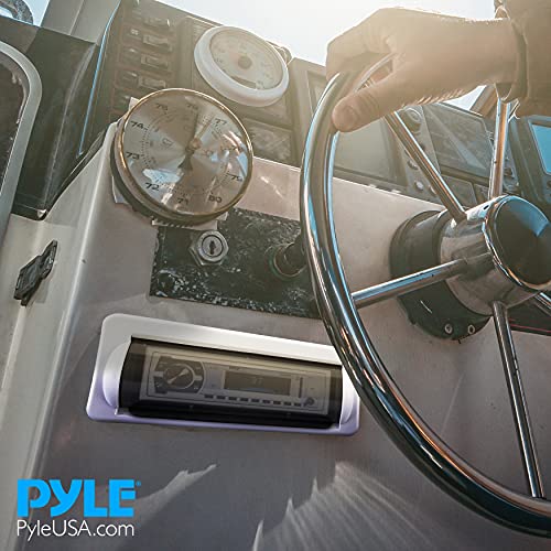 Pyle Water Resistant Marine Stereo Cover - Smoke Colored Heavy Duty Boat Radio Protector Shield with Flip-up Door & Spring Loaded Release - Mounting Gasket Included - Pyle PLMRCW2,White