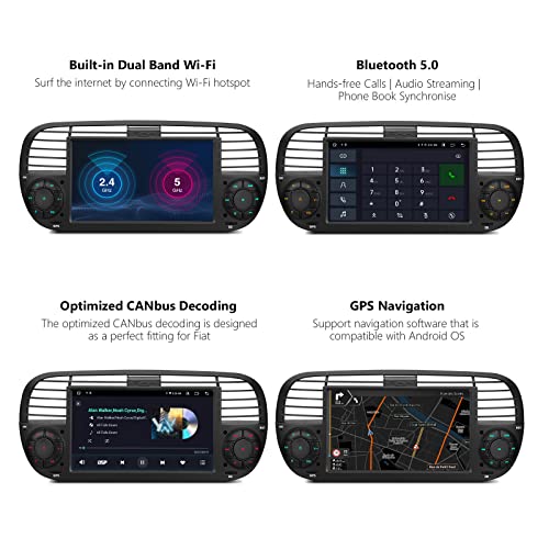 XTRONS Single Din Car Stereo Android 12 Car Radio Player 7 Inch Touch Screen GPS Navigation 1 Din Bluetooth Head Unit Built-in DSP Car Play Android Auto Support Backup Camera OBD2 DVR for Fiat 500