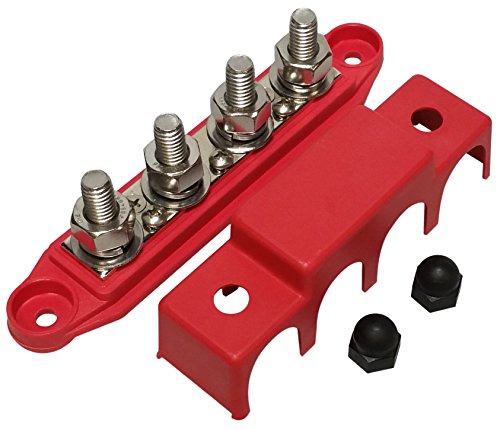 (Red) 3/8" 4 Stud Power Distribution Block -BUSBAR- with Cover - Made in The USA