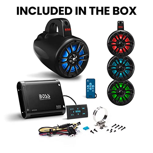 Boss Audio Systems UNI4RGB ATV UTV Marine Audio Stereo System Package – BPS4B 4 Channel Full Range Bluetooth Amplifier, 4 MRWT40 4 Inch Waketower Speakers, IPX5 Rated Weatherproof, Tweeters