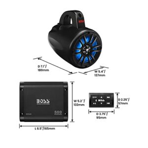 Boss Audio Systems UNI4RGB ATV UTV Marine Audio Stereo System Package – BPS4B 4 Channel Full Range Bluetooth Amplifier, 4 MRWT40 4 Inch Waketower Speakers, IPX5 Rated Weatherproof, Tweeters