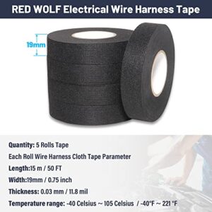 RED WOLF Wiring Harness Tape High Temp Wire Cable Loom Self-Adhesive Fabric Tape for Electrical Automotive Engine Harness Wrap Protection Noise Damping Cables Fixed 3/4 Inch x 50 FT 5 Rolls