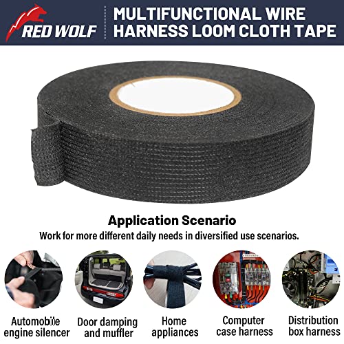 RED WOLF Wiring Harness Tape High Temp Wire Cable Loom Self-Adhesive Fabric Tape for Electrical Automotive Engine Harness Wrap Protection Noise Damping Cables Fixed 3/4 Inch x 50 FT 5 Rolls