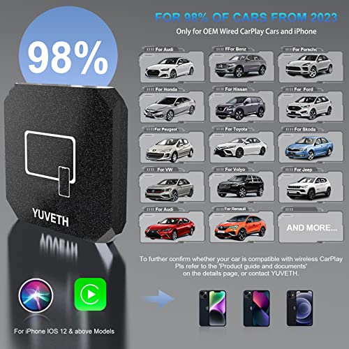 YUVETH Wireless CarPlay Adapter 2023 Newest Version, Wireless CarPlay Dongle Compatible with Apple iOS 12+ Auto Connect Plug Play for OEM Wired CarPlay Car Model 2017+ Support Online Update, Black