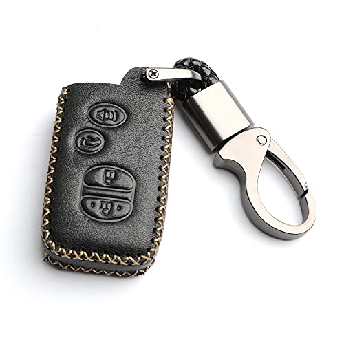 WFMJ Leather for Toyota Camry Avalon Corolla Highlander Prius RAV4 Venza Remote 4 Buttons Key Case Holder Cover Fob Chain (Black)