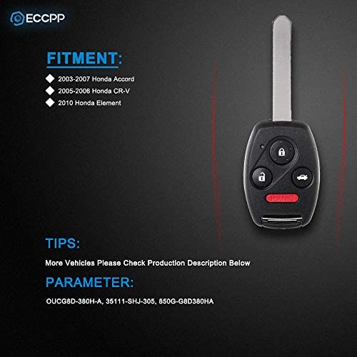 ECCPP Uncut 313.8MHz Keyless Entry Remote Key Fob Ignition Key Fob for Honda Accord CR-V Element OUCG8D-380H-A (Pack of 2)