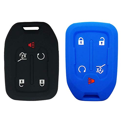 2Pcs Silicone 5 Buttons Smart Key Fob Remote Cover Case Shell Glove Skin Jacket Protect Bag for GMC Acadia Terrain Yukon Chevrolet Suburban Tahoe HYQ1AA 13584502 1551A-AA, Black+Blue